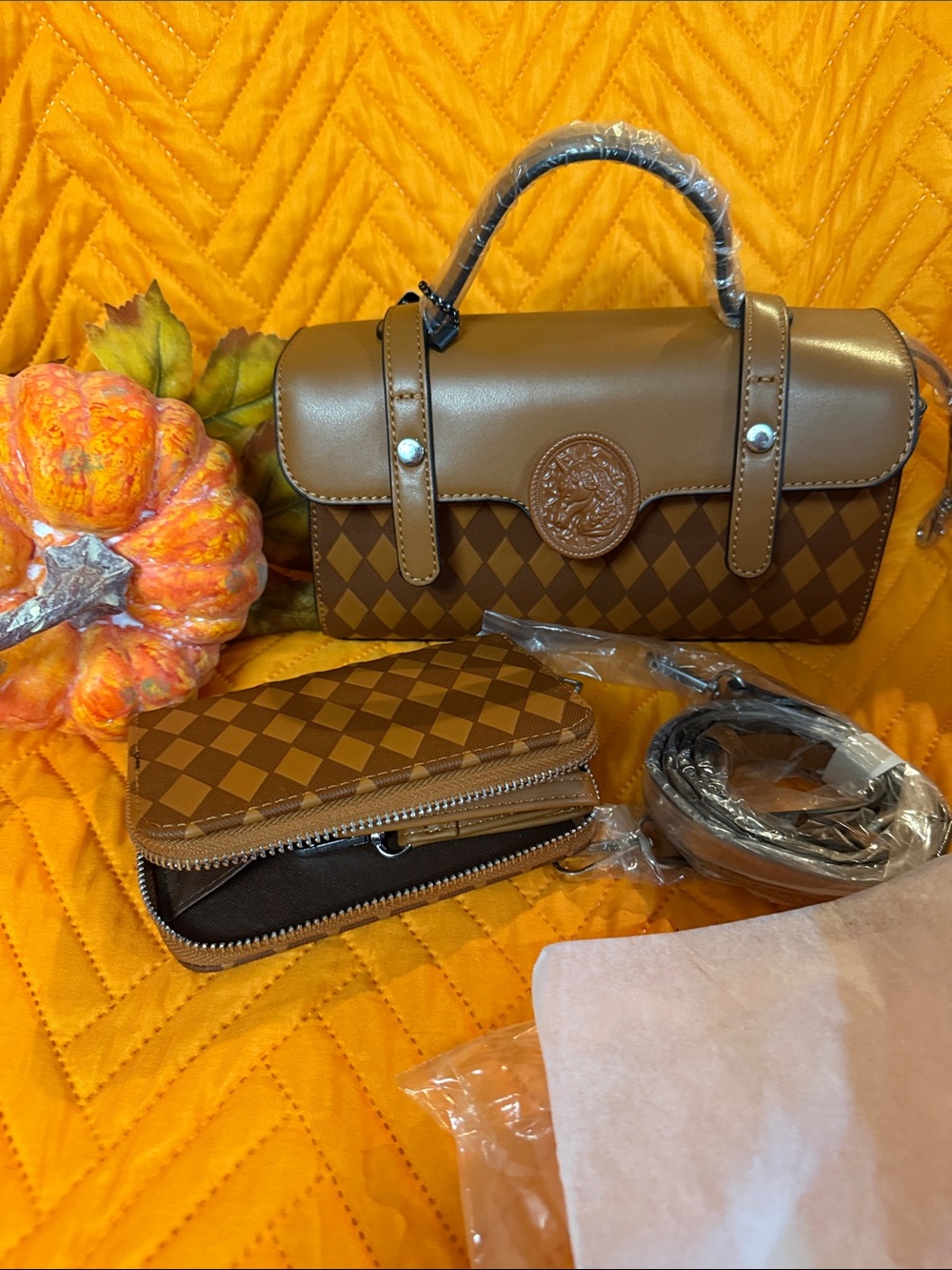 Brown Mini Top-Handle Crossbody Bag with Matching Zip wallet